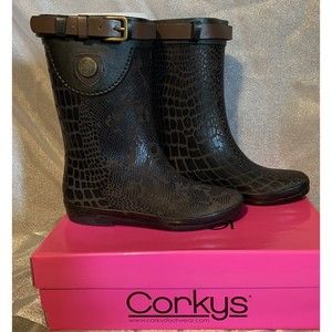 CORKYS Size 6 Brown Croc-Patterned Rubber Detailed Pull-On Calf-High Rain Boots